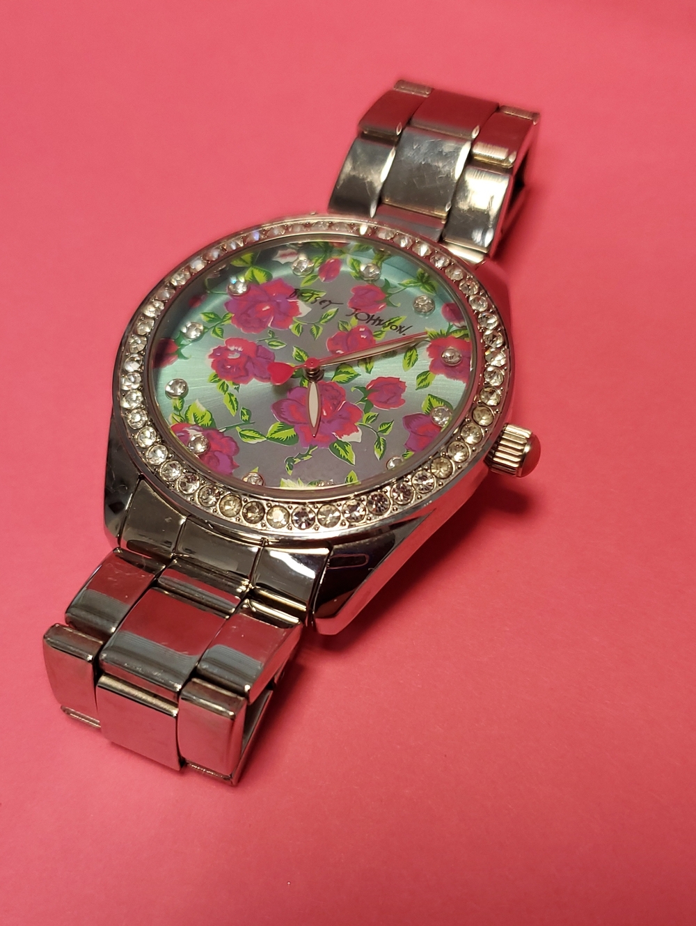 Betsey Johnson Silver Floral Dial Watch with Pink Accents